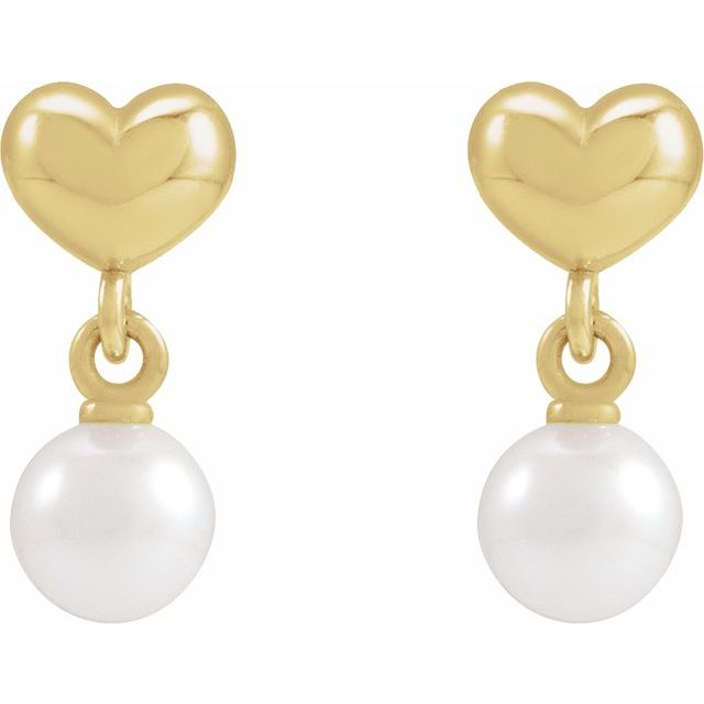 14K Cultured Freshwater Pearl & Heart Dangle Earrings