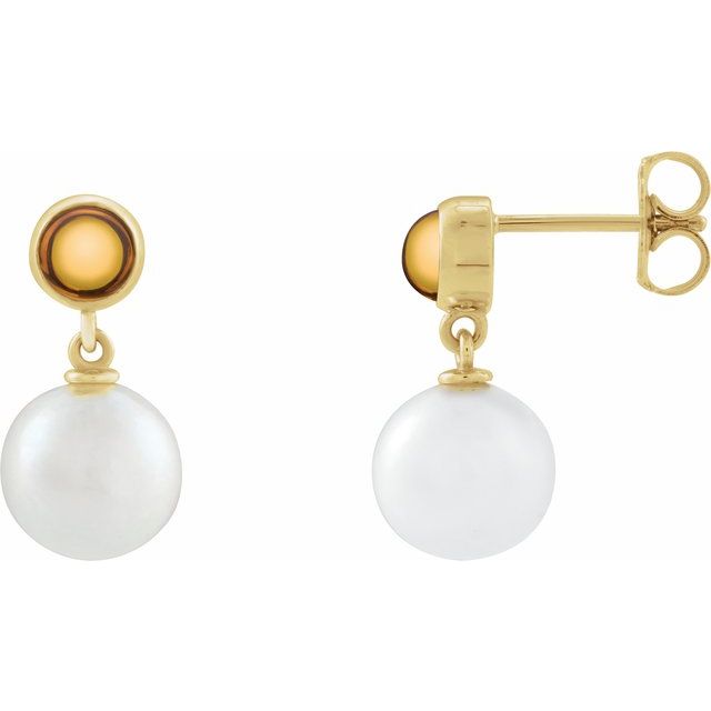 14K Cultured Freshwater Pearl & Natural Citrine Cabochon Earrings