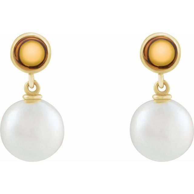 14K Cultured Freshwater Pearl & Natural Citrine Cabochon Earrings