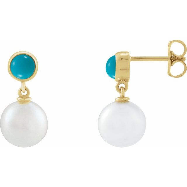 14K Cultured Freshwater Pearl & Natural Turquoise Cabochon Earrings