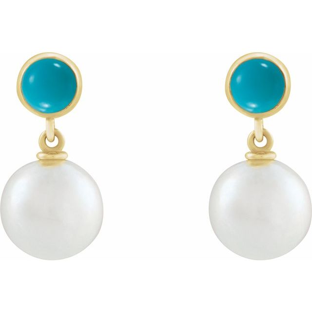 14K Cultured Freshwater Pearl & Natural Turquoise Cabochon Earrings