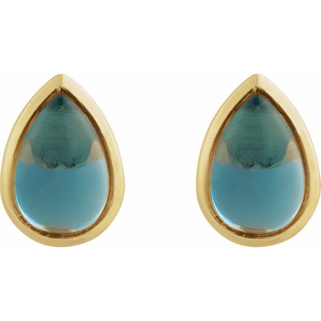 14K Natural London Blue Topaz Cabochon Earrings