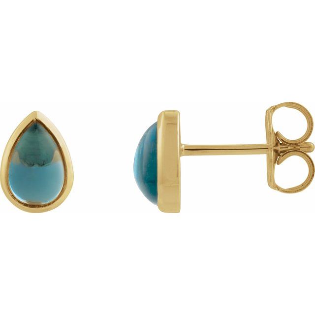 14K Natural London Blue Topaz Cabochon Earrings