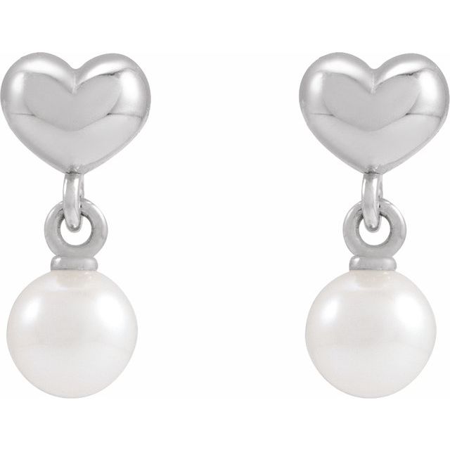 Sterling Silver Cultured Freshwater Pearl & Heart Dangle Earrings