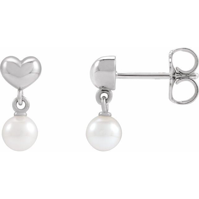 Sterling Silver Cultured Freshwater Pearl & Heart Dangle Earrings
