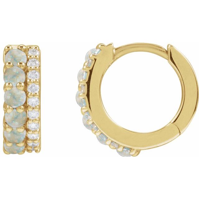 14K Natural Opal & 1/8 CTW Natural Diamond Huggie Hoop Earrings