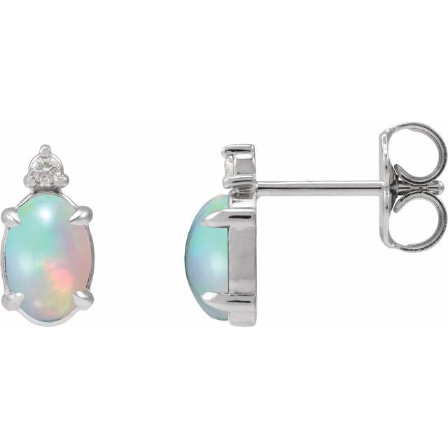 Sterling Silver Natural Ethiopian Opal Cabochon & .03 CTW Natural Diamond Earrings