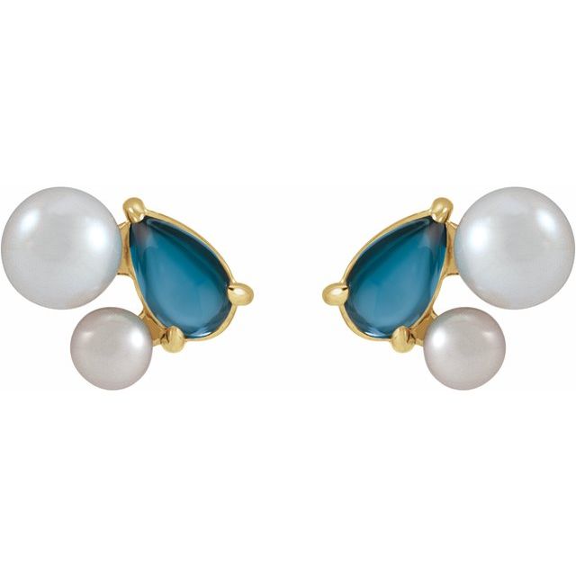 14K Natural London Blue Topaz & Cultured Akoya Pearl Earrings