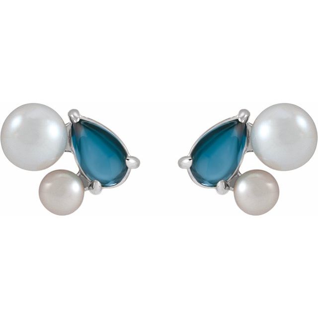 14K Natural London Blue Topaz & Cultured Akoya Pearl Earrings