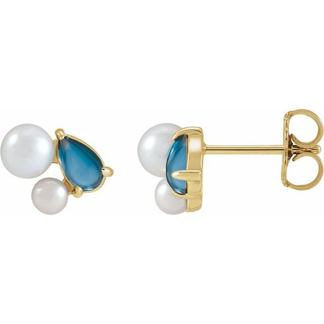 14K Natural London Blue Topaz & Cultured Akoya Pearl Earrings