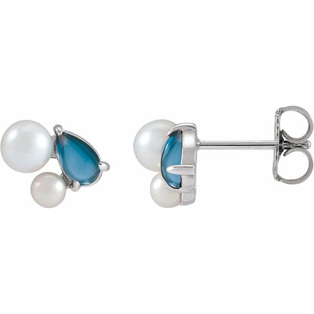 14K Natural London Blue Topaz & Cultured Akoya Pearl Earrings