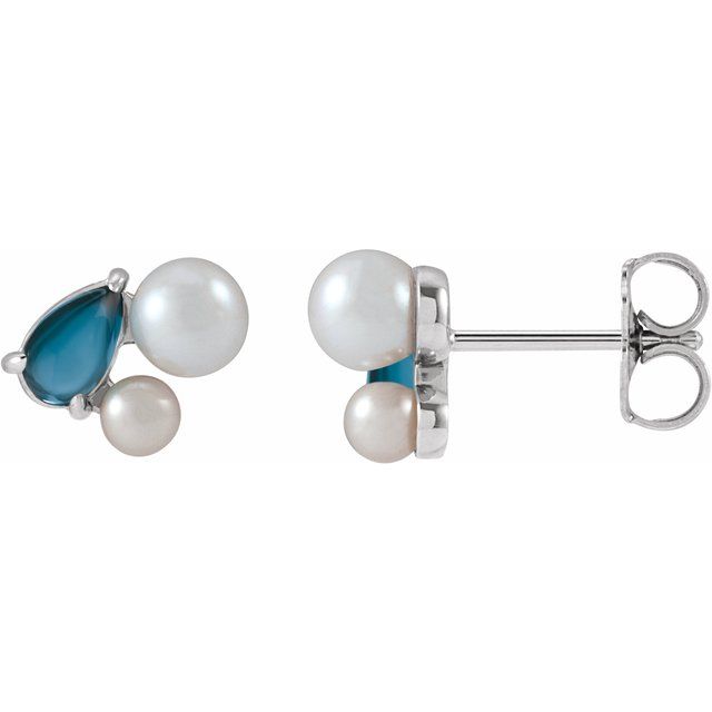 14K Natural London Blue Topaz & Cultured Akoya Pearl Earrings