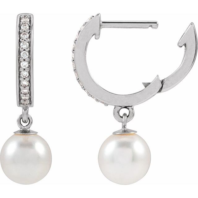 14K Cultured Freshwater Pearl & 1/10 CTW Natural Diamond Hoop Earrings