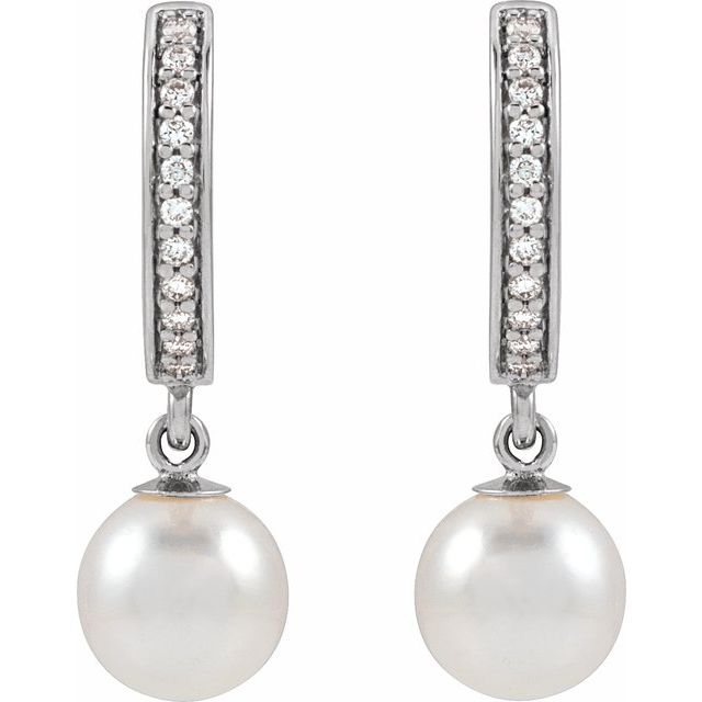 14K Cultured Freshwater Pearl & 1/10 CTW Natural Diamond Hoop Earrings