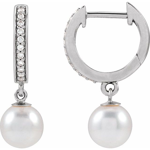 14K Cultured Freshwater Pearl & 1/10 CTW Natural Diamond Hoop Earrings