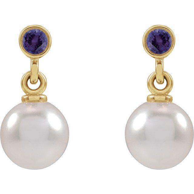 14K Cultured Akoya Pearl & Lab-Grown Purple Sapphire Earrings