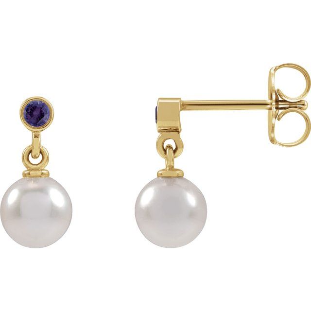 14K Cultured Akoya Pearl & Lab-Grown Purple Sapphire Earrings