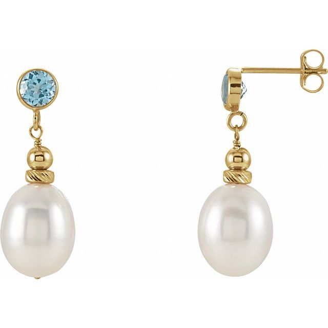 14K Cultured Freshwater Pearl & Natural Swiss Blue Topaz Earrings