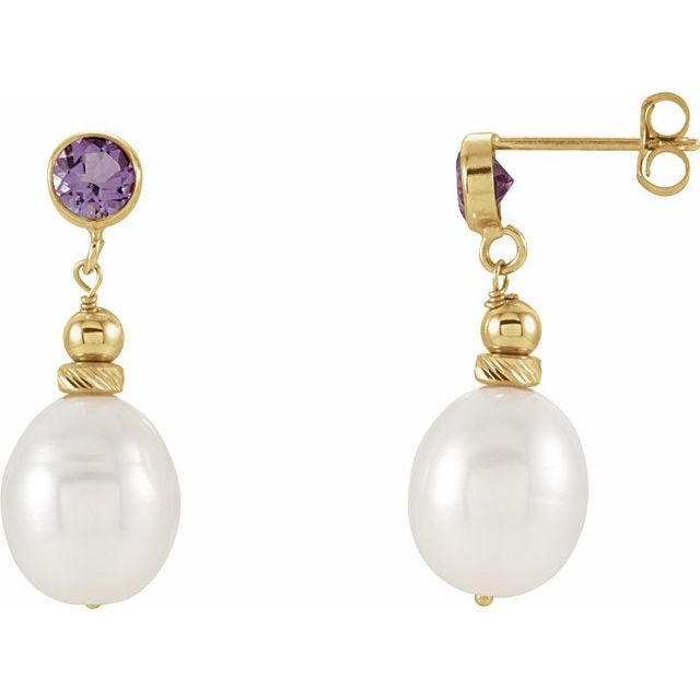 14K Cultured Freshwater Pearl & Natural Amethyst Earrings