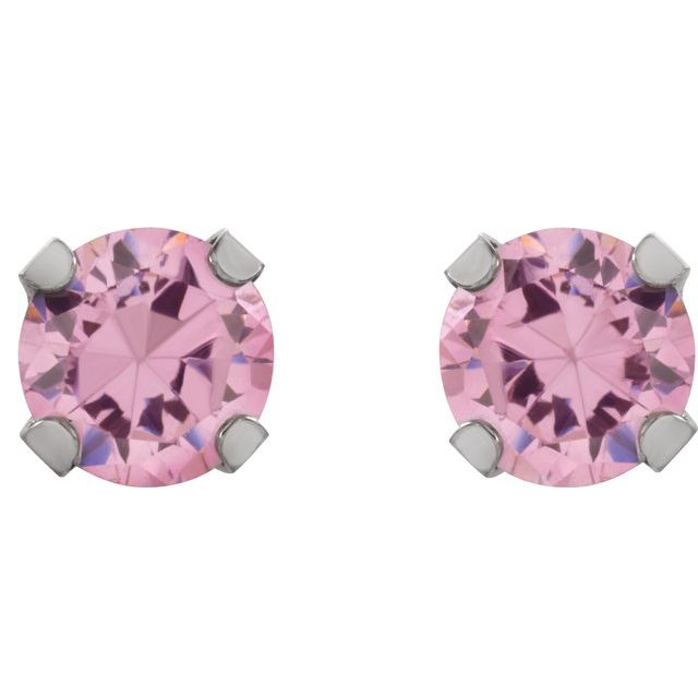 Rhodium-Plated 14K Round Imitation Pink Cubic Zirconia Piercing Stud Earrings