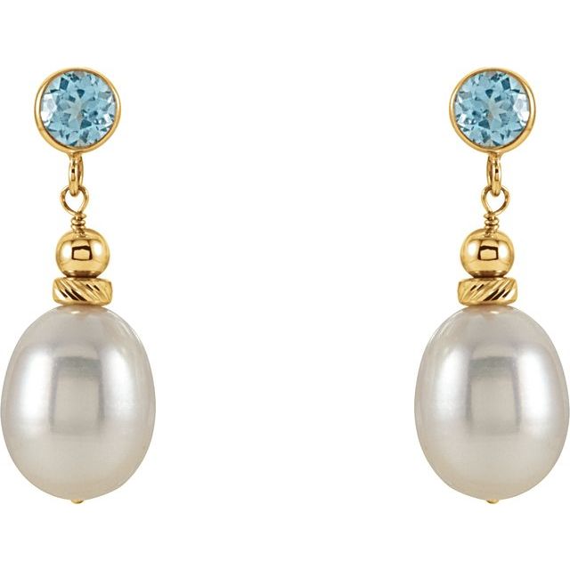 14K Cultured Freshwater Pearl & Natural Swiss Blue Topaz Earrings
