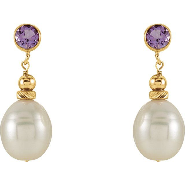 14K Cultured Freshwater Pearl & Natural Amethyst Earrings