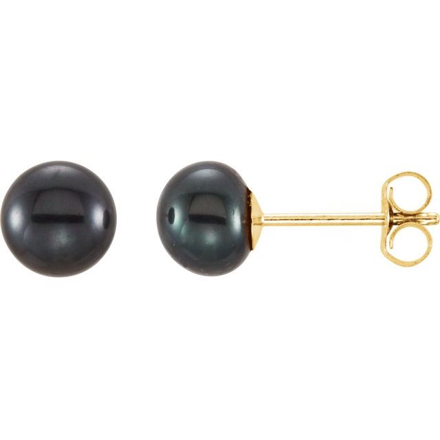 14K 5- Cultured Black Freshwater Button Pearl Earrings