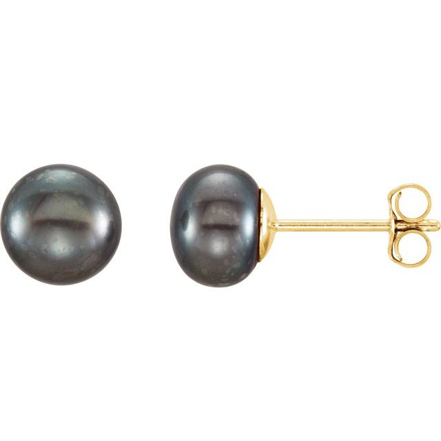 14K 6- Cultured Black Freshwater Button Pearl Earrings