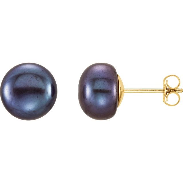14K 8- Cultured Black Freshwater Button Pearl Earrings