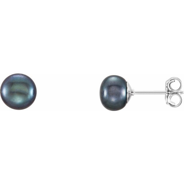 Sterling Silver 6- Cultured Black Freshwater Button Pearl Earrings