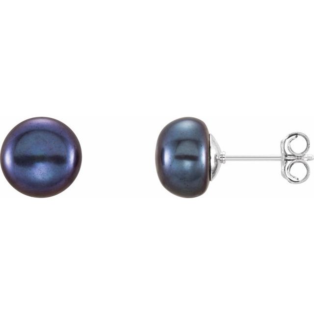 Sterling Silver 8- Cultured Black Freshwater Button Pearl Earrings