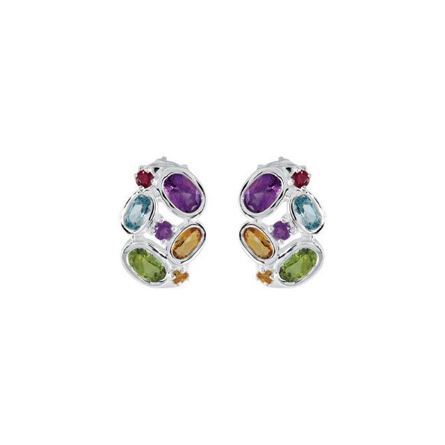 Sterling Silver Multi-Gemstone J-Hoop Earrings