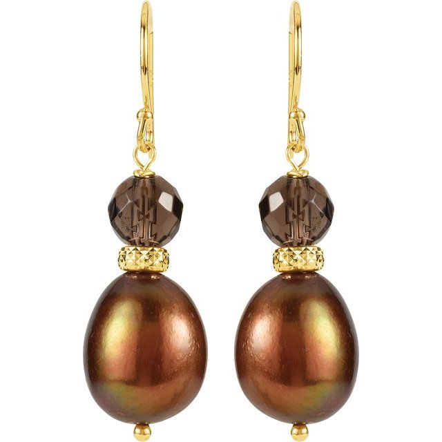 14K Cultured Chocolate Freshwater Pearl & Natural Smoky Quartz Earrings