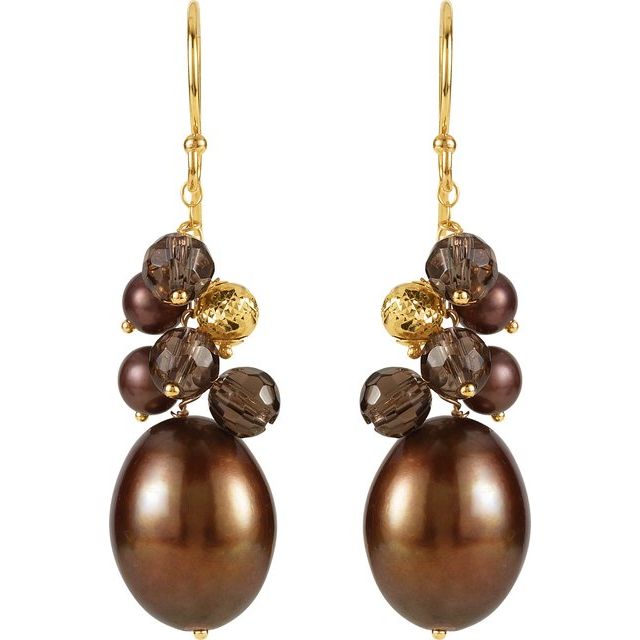 14K Cultured Dyed Chocolate Freshwater Pearl & Natural Smoky Quartz Earrings