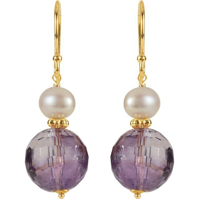 14K Natural Amethyst & Cultured Freshwater Pearl Earrings