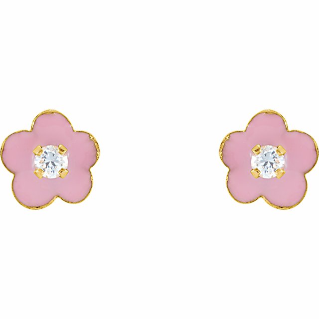 14K Imitation Cubic Zirconia & Pink Enamel Flower Youth Earrings