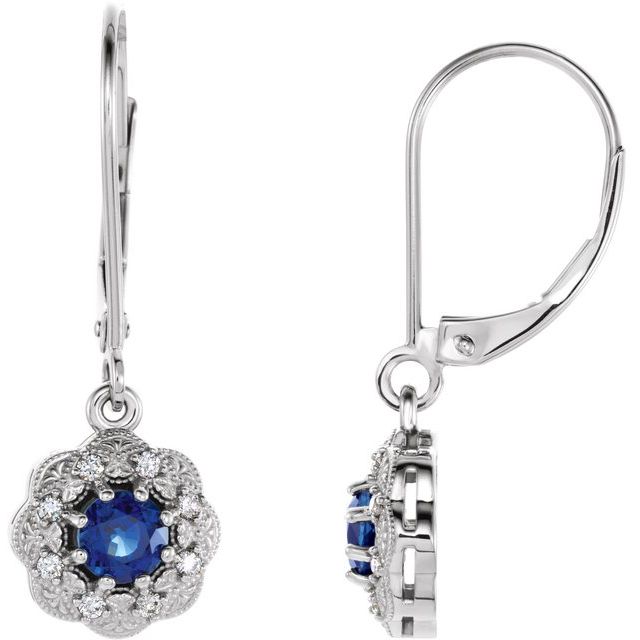 14K Natural Blue Sapphire & 1/10 CTW Natural Diamond Halo-Style Earrings