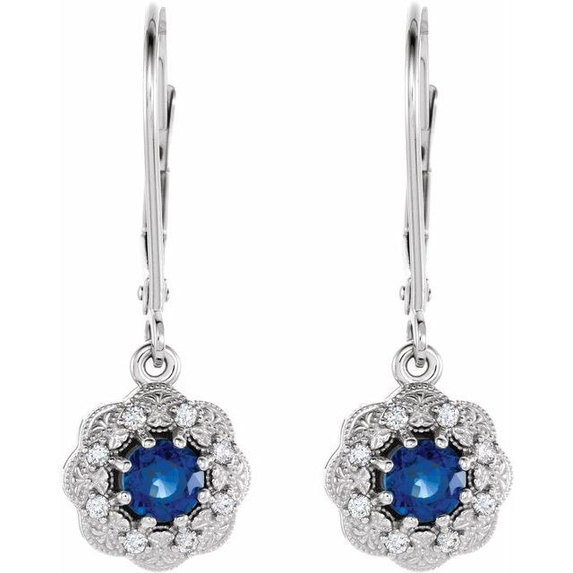 14K Natural Blue Sapphire & 1/10 CTW Natural Diamond Halo-Style Earrings