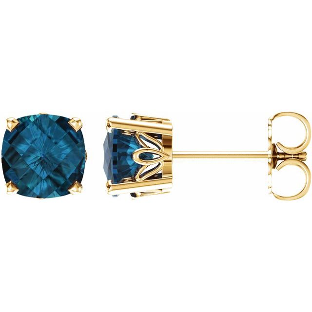 14K Cushion Natural London Blue Topaz Earrings