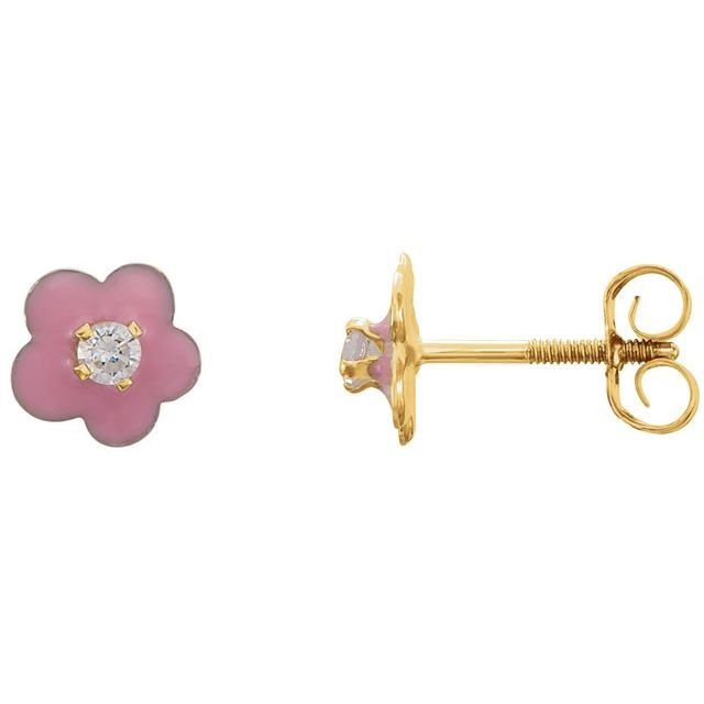 14K Imitation Cubic Zirconia & Pink Enamel Flower Youth Earrings