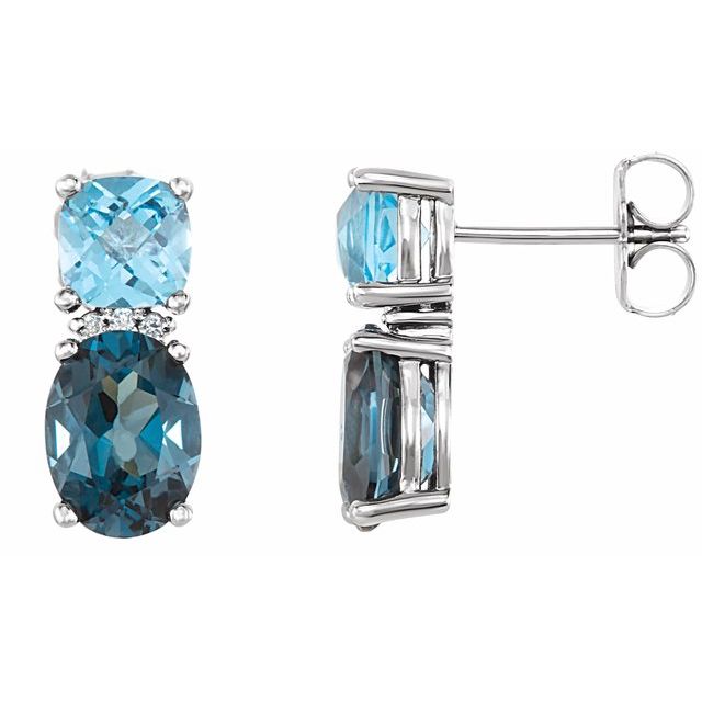 14K Natural London Blue Topaz, Natural Swiss Blue Topaz & .03 CTW Natural Diamond Earrings