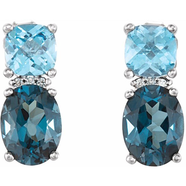 14K Natural London Blue Topaz, Natural Swiss Blue Topaz & .03 CTW Natural Diamond Earrings