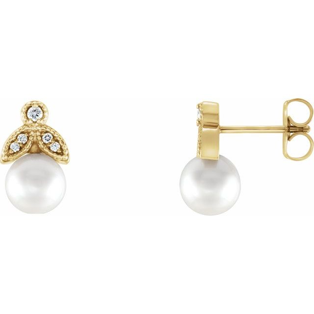 14K Cultured Freshwater Pearl & .06 CTW Natural Diamond Earrings