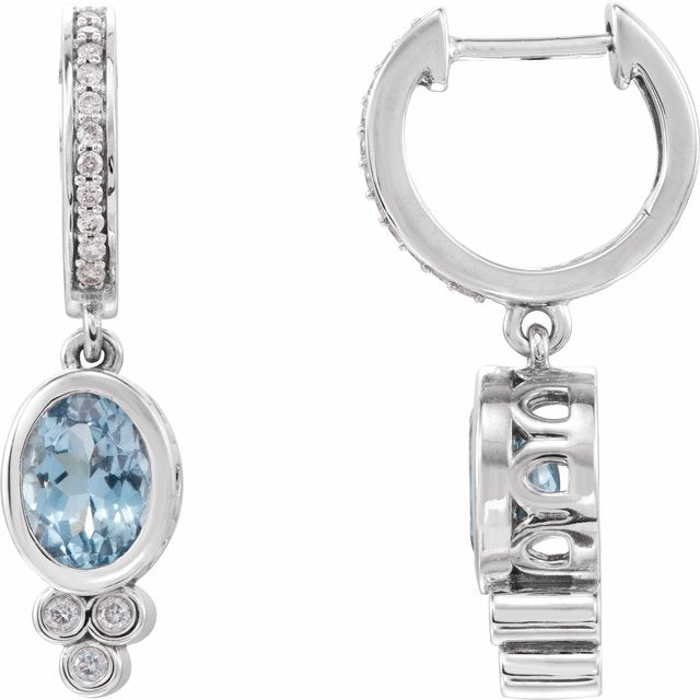 14K Natural Aquamarine & 1/6 CTW Natural Diamond Hoop Earrings