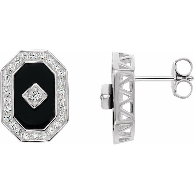 Sterling Silver Natural Black Onyx & Imitation Cubic Zirconia Halo-Style Earrings