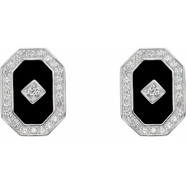 Sterling Silver Natural Black Onyx & Imitation Cubic Zirconia Halo-Style Earrings