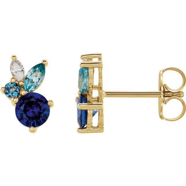 14K Natural Blue Sapphire, Natural Aquamarine, Natural Blue Zircon & .07 CTW Natural Diamond Earrings