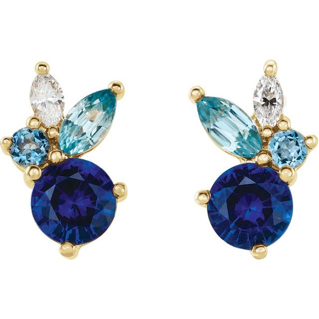 14K Natural Blue Sapphire, Natural Aquamarine, Natural Blue Zircon & .07 CTW Natural Diamond Earrings