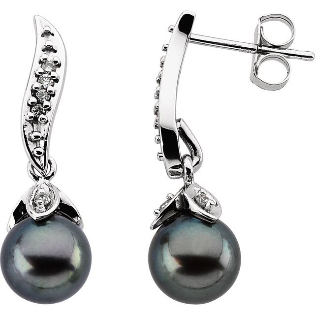 14K Cultured Black Akoya Pearl & 1/10 CTW Natural Diamond Earrings