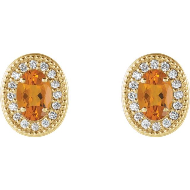 14K Natural Citrine 1/6 CTW Natural Diamond Halo-Style Earrings